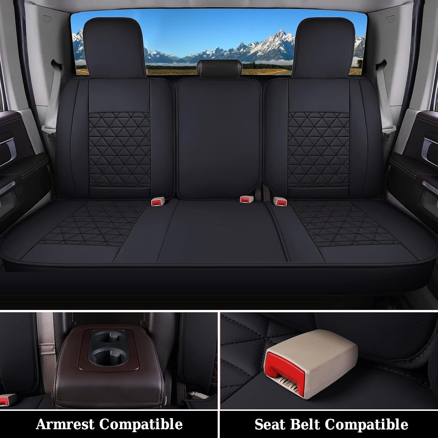 Coverado Car Seat Covers Full Set, Leather RAM 1500 Seat Covers Protectors Compatible with 2002-2026 Dodge RAM 1500 2500 3500 Crew Double Mega Quad Cab with Flat Bench, Black