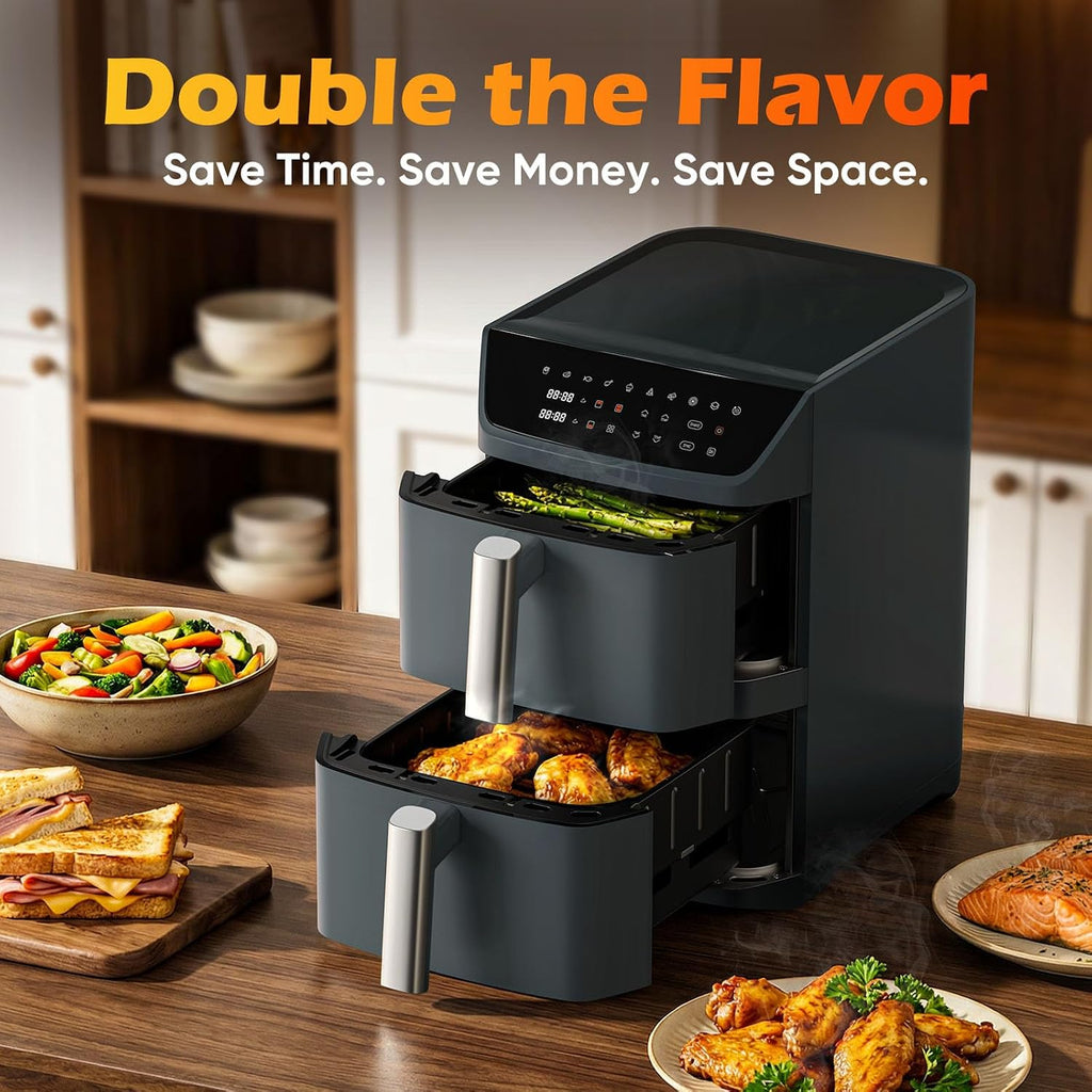 Dual Basket Air Fryer, 12.6QT Family-Size for 10–12 People, XL Basket for 6LB Whole Chicken, DoubleStack Compact Design, 10-in-1 Functions with Reheat, Dehydrate & SyncFinish, Dishwasher-Safe, Gray