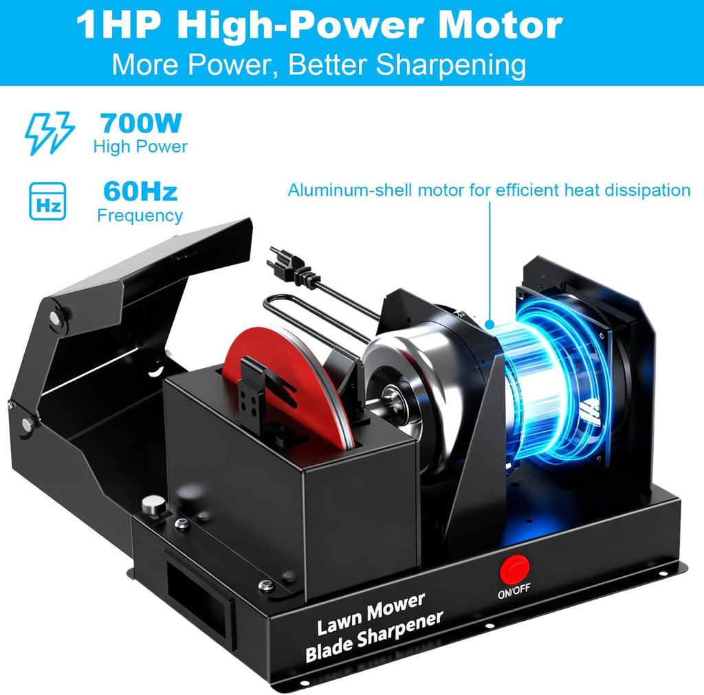 UPGRADED 120V 1.0 HP 700W Lawn Mower Blade Sharpener, 1800 RPM High-Speed Grinder with Safety Spark Guard & Ball Bearings, Fits Straight, Mulching & Gator Blades, Enhanced User & Workspace Safety