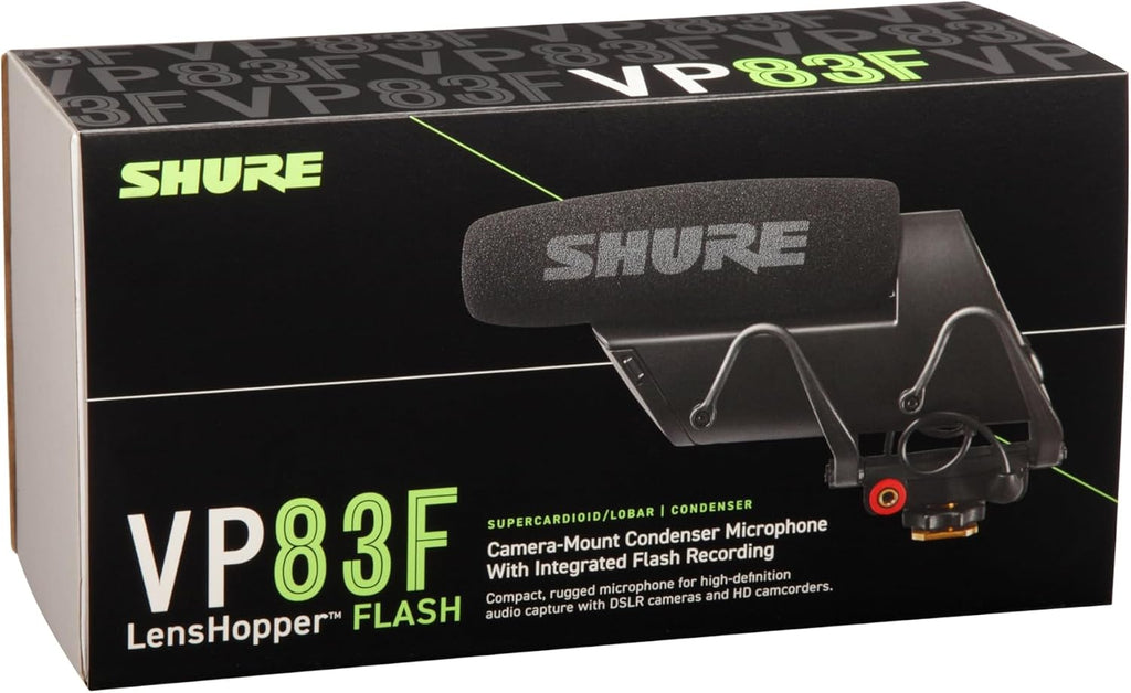 Shure VP83F LensHopper Camera-Mounted Condenser Shotgun Microphone with Integrated Digital Flash Recording - Windscreen, Superior RF Immunity, Backlit LCD, 5-Position Joystick, Rycote Lyre Shock Mount