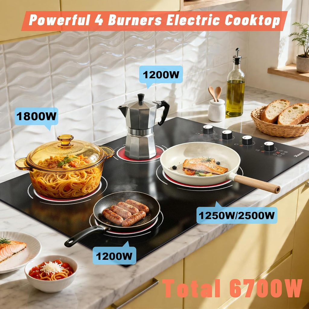 30 Inch Electric Cooktop - 4 Burner Built-in(29.13'x19.3') Ceramic Stove Top 6700W, 30' Electric Cook Top with Timer, Safety Lock, Pause, Dual Ring, 220V - 240V Hard Wired (White Knob)