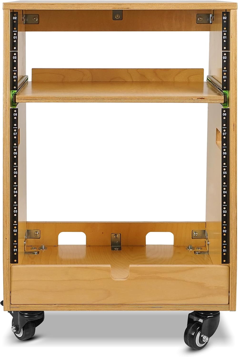 Sound Town DIY Slanted 12U Studio Rack (4U Top + 8U Lower), with 2U Bottom Storage, Slide-Out Tray, Caster, Plywood, Golden Oak for Recording Room, Home Studio (SDRK-ST12T)