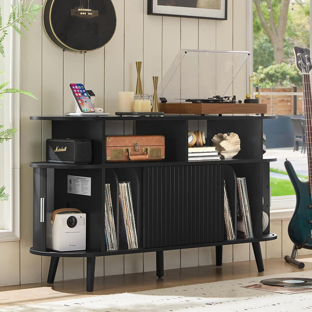 LELELINKY Large Round Record Player Stand with Charging Station & Fluted Panel, Black Farmhouse Turntable Cabinet with Vintage Vinyl Storage, Arched Wood Record Player Table for Living Room