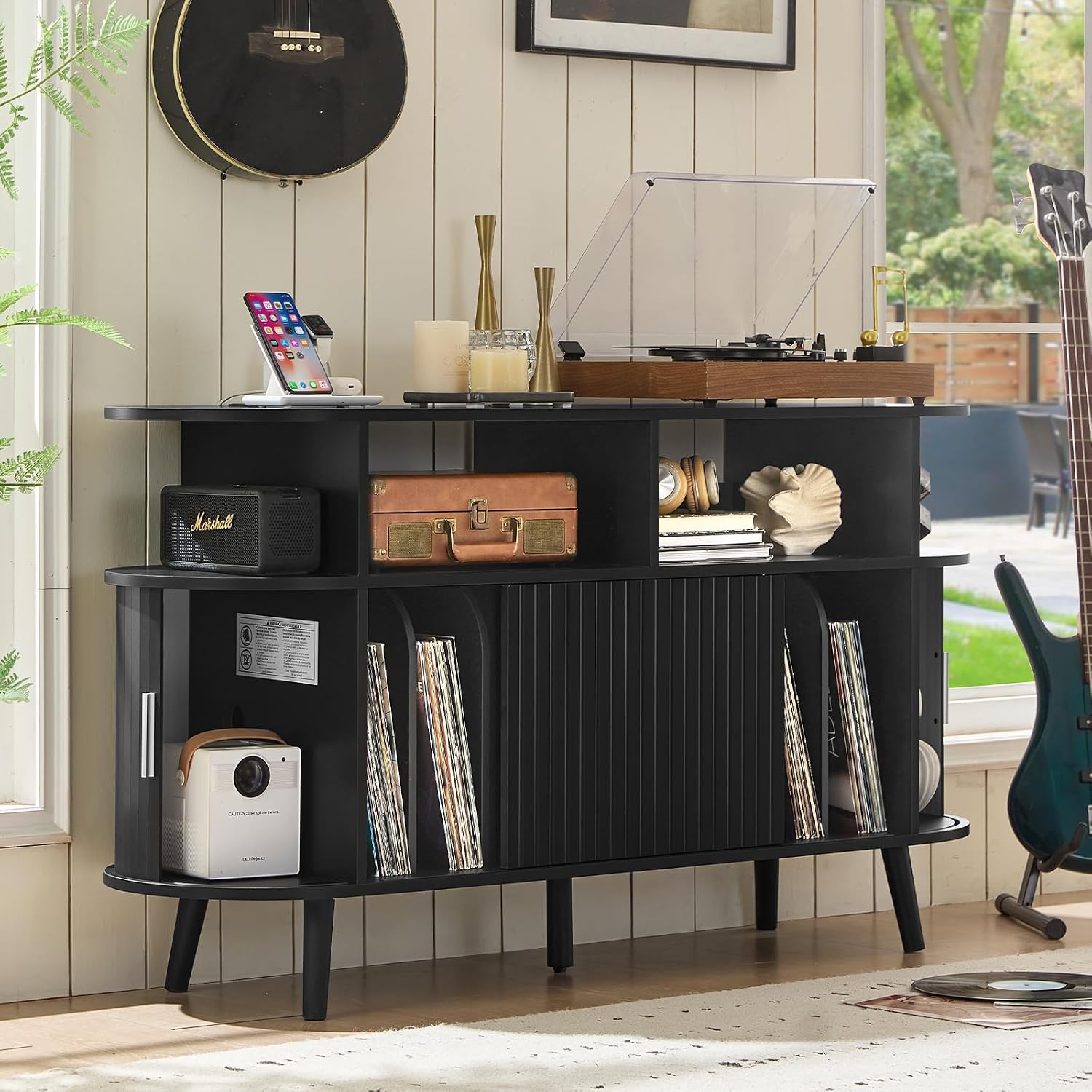 LELELINKY Large Round Record Player Stand with Charging Station & Fluted Panel, Black Farmhouse Turntable Cabinet with Vintage Vinyl Storage, Arched Wood Record Player Table for Living Room