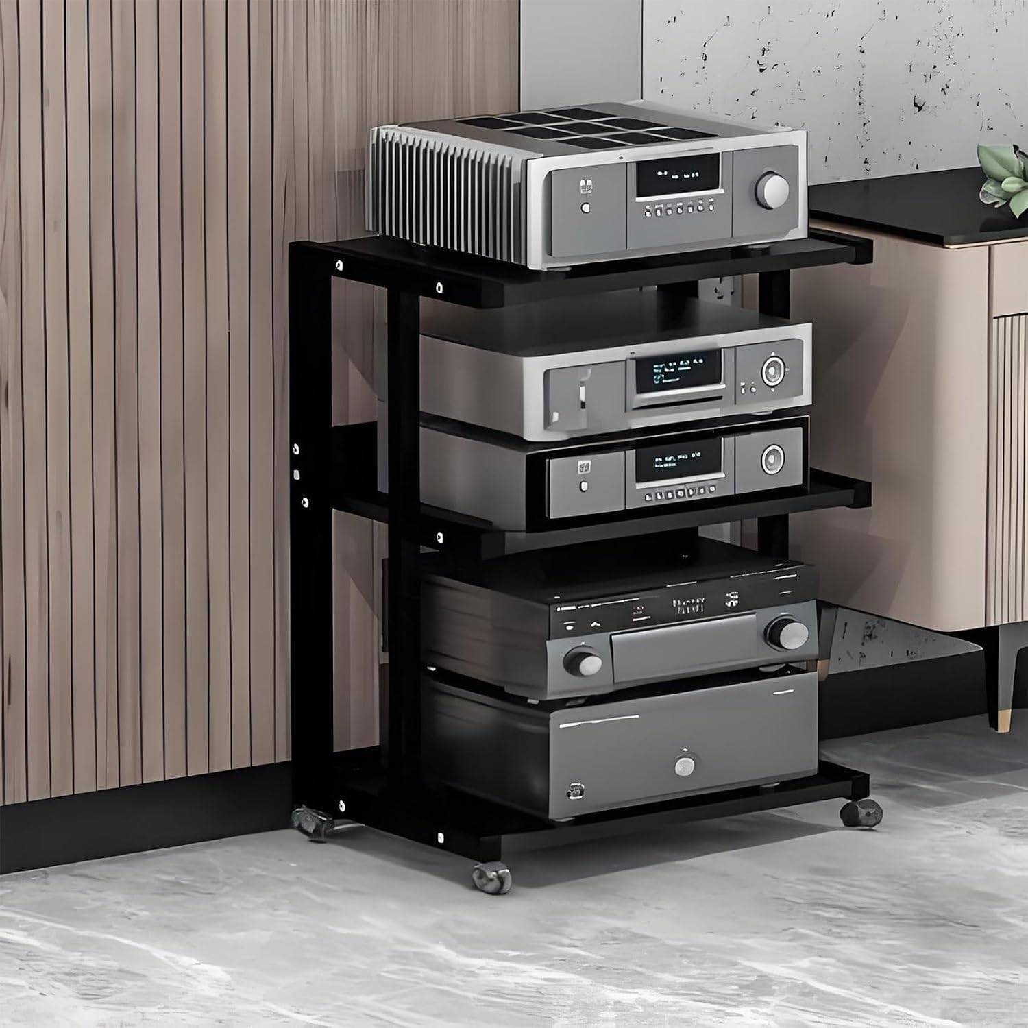 Black AV Cabinet - Movable Audio-Video Media Stand, Stereo Rack Tower for Home Theater, Wooden Media Storage, Modern 50x40x70cm Entertainment Center