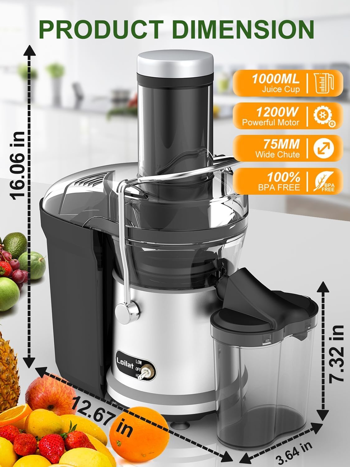 Juicer Machine, 1200W Juicer with 3' Feed Chute for Whole Fruits and Veg, Dual Speeds Centrifugal Juice Extractor, High Juice Yield, Full Copper Motor, Easy to Clean, BPA Free, JE2106