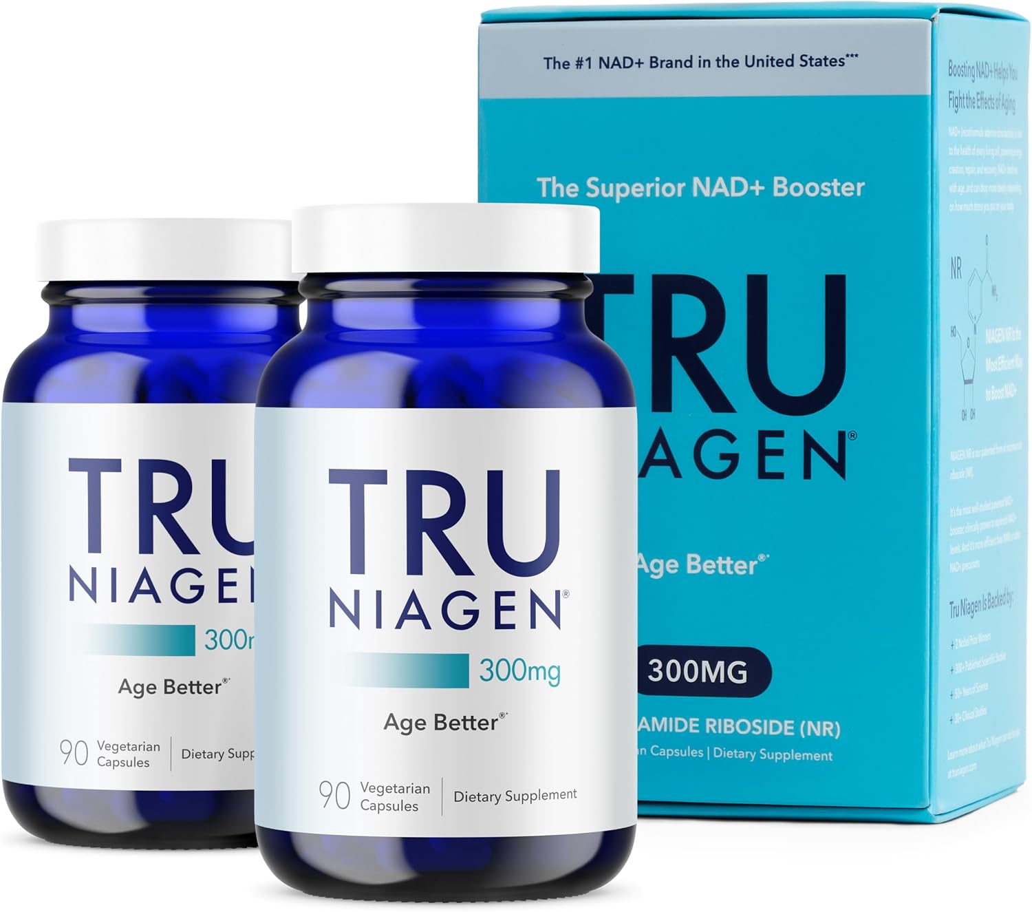 TRU NIAGEN Patented NAD Supplement for Brain Function, Anti Aging & Cell Regeneration, 300mg Niagen, 90 Servings | Supports Cellular Energy, Muscle | Nicotinamide Riboside (NR) Take 1 Daily | 2 Bottle