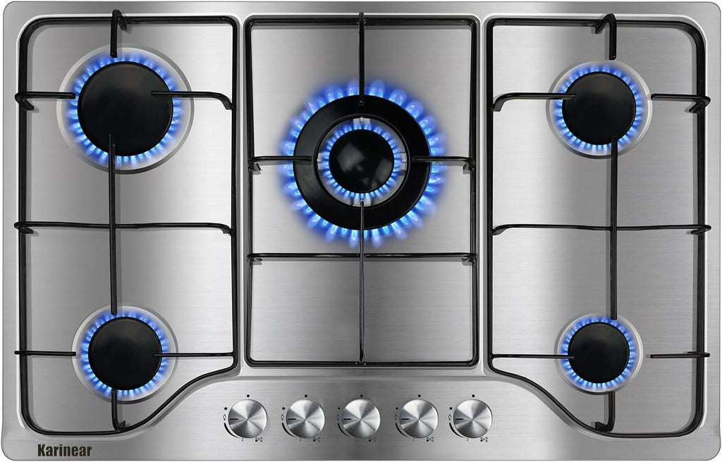 Karinear Gas Stove Cooktop 30 Inch 5 Burners, Built-in Stainless Steel Gas Hob, NG/LPG Dual Fuel Stovetop with Thermocouple Protection for Apartments, Indoor (Come with Pressure Regulator)