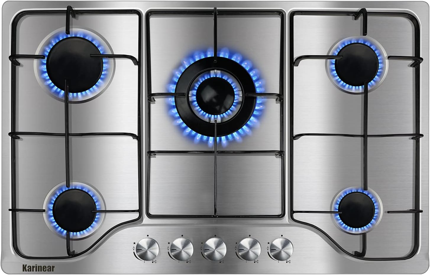 Karinear Gas Stove Cooktop 30 Inch 5 Burners, Built-in Stainless Steel Gas Hob, NG/LPG Dual Fuel Stovetop with Thermocouple Protection for Apartments, Indoor (Come with Pressure Regulator)