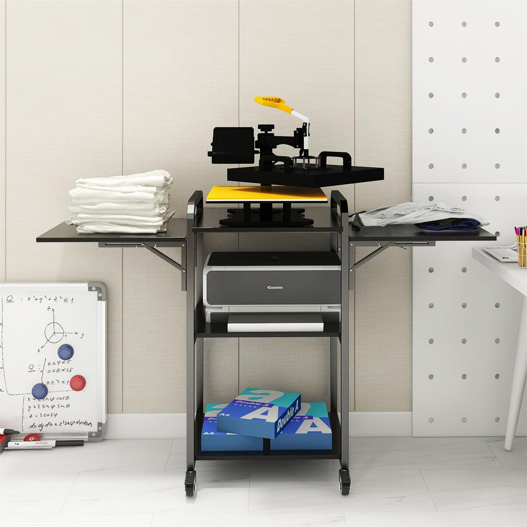 PUNCIA 3 Tier Foldable Movable DIY Heat Transfer Press Machine Stands 20'' Heavy Duty Rolling Workbench with Folding Working Table for Sublimation Transfer Machine Metal Shelf Storage Organization