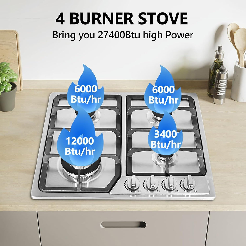 Gas Stove 4 Burners 24in Gas Cooktop, Propane Gas Cooktop Gas Hob 4 Burners for RVs, Motor Homes, NG LPG Convertible Gas Stovetop