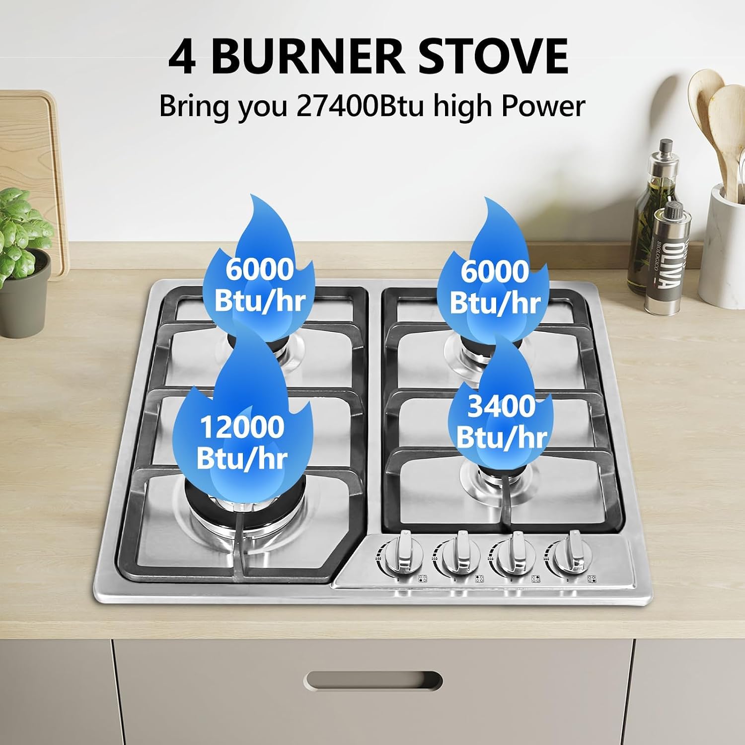 Gas Stove 4 Burners 24in Gas Cooktop, Propane Gas Cooktop Gas Hob 4 Burners for RVs, Motor Homes, NG LPG Convertible Gas Stovetop