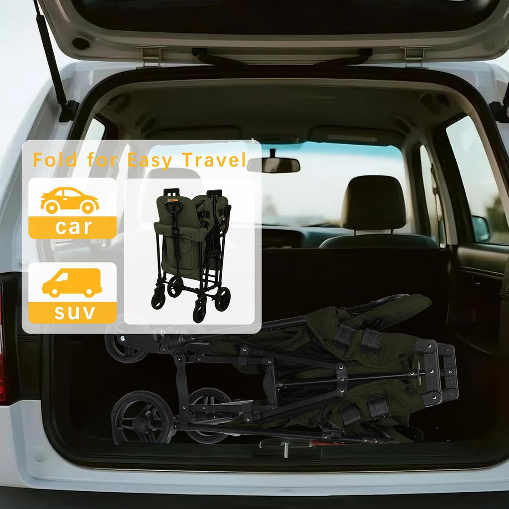 Wagon Stroller for 2 Kids, Foldable All-Terrain Wagon for Kids with Canopy, Adjustable Push and Pull Handles,Convertible High Seat & Organizer, 5 Point Harness