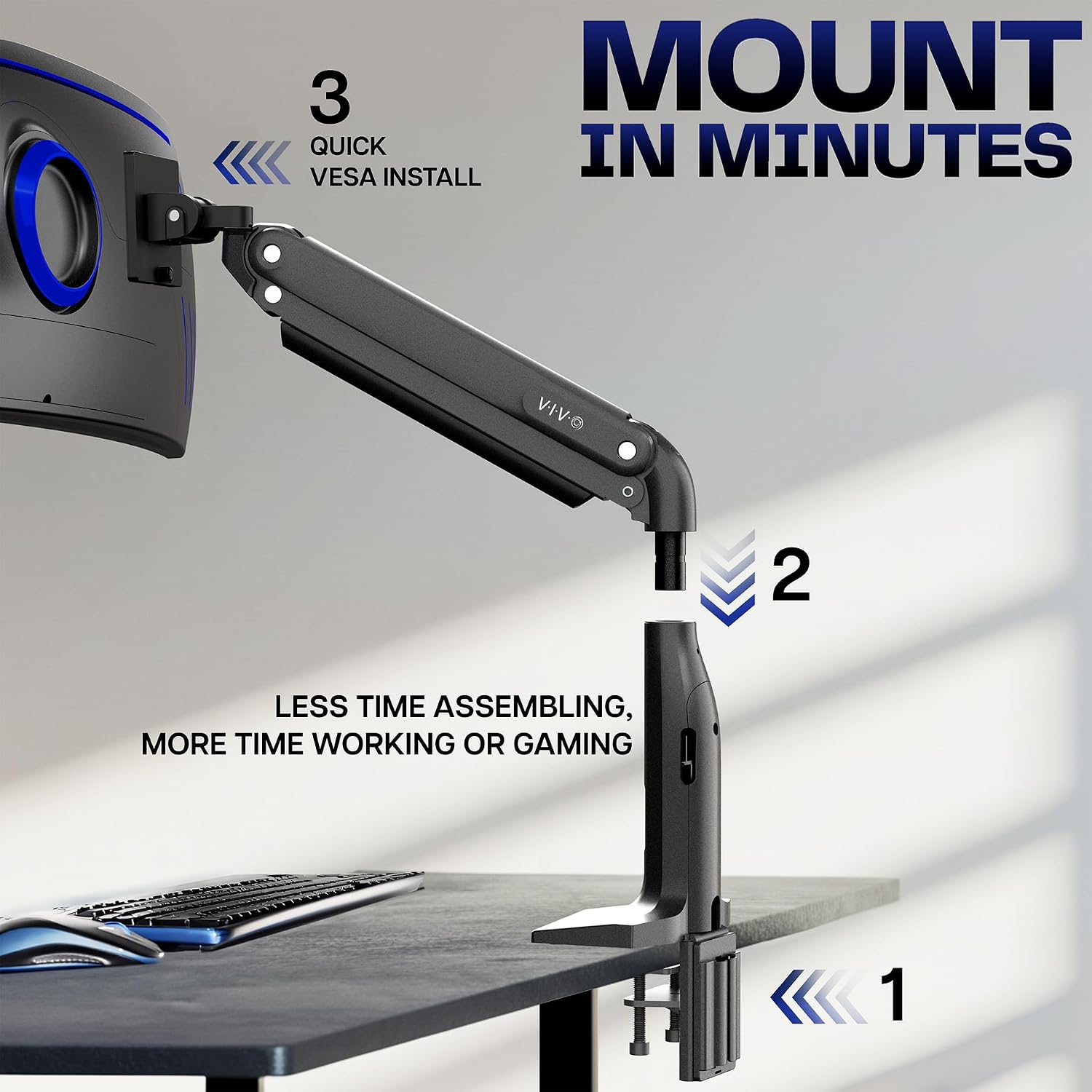 VIVO Aluminum Ultrawide Monitor Stand, Classic + USB, Fits up to 49 inch Screens, Single Articulating Pneumatic Arm, USB Ports, C-Clamp and Grommet Desk Mount, Max VESA 200x100, Black, STAND-V100HU