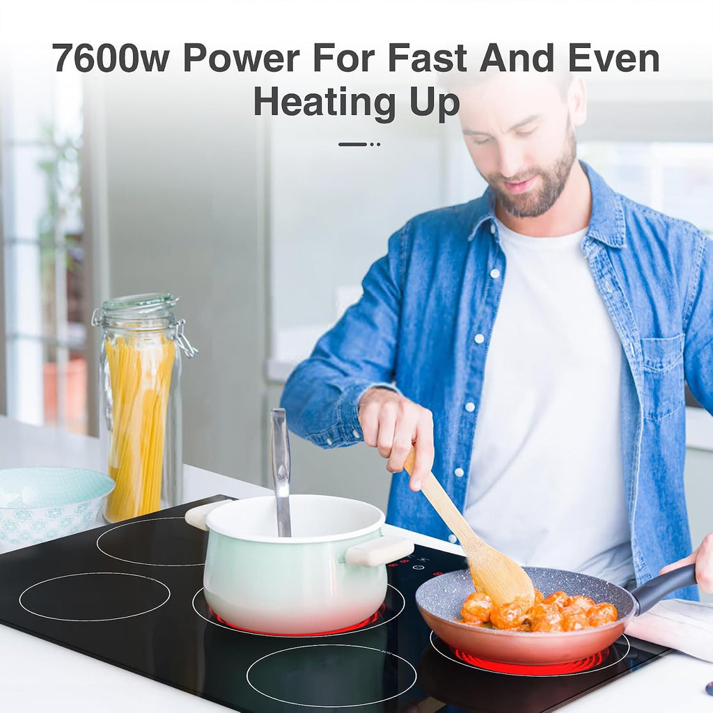 VBGK Electric cooktop 30 inch, 5 burner Electric Stove Built-in and Countertop Stove Top, LED Touch Screen,9 Heating Level, Timer & Kid Safety Lock, 240V 30 inch cooktop
