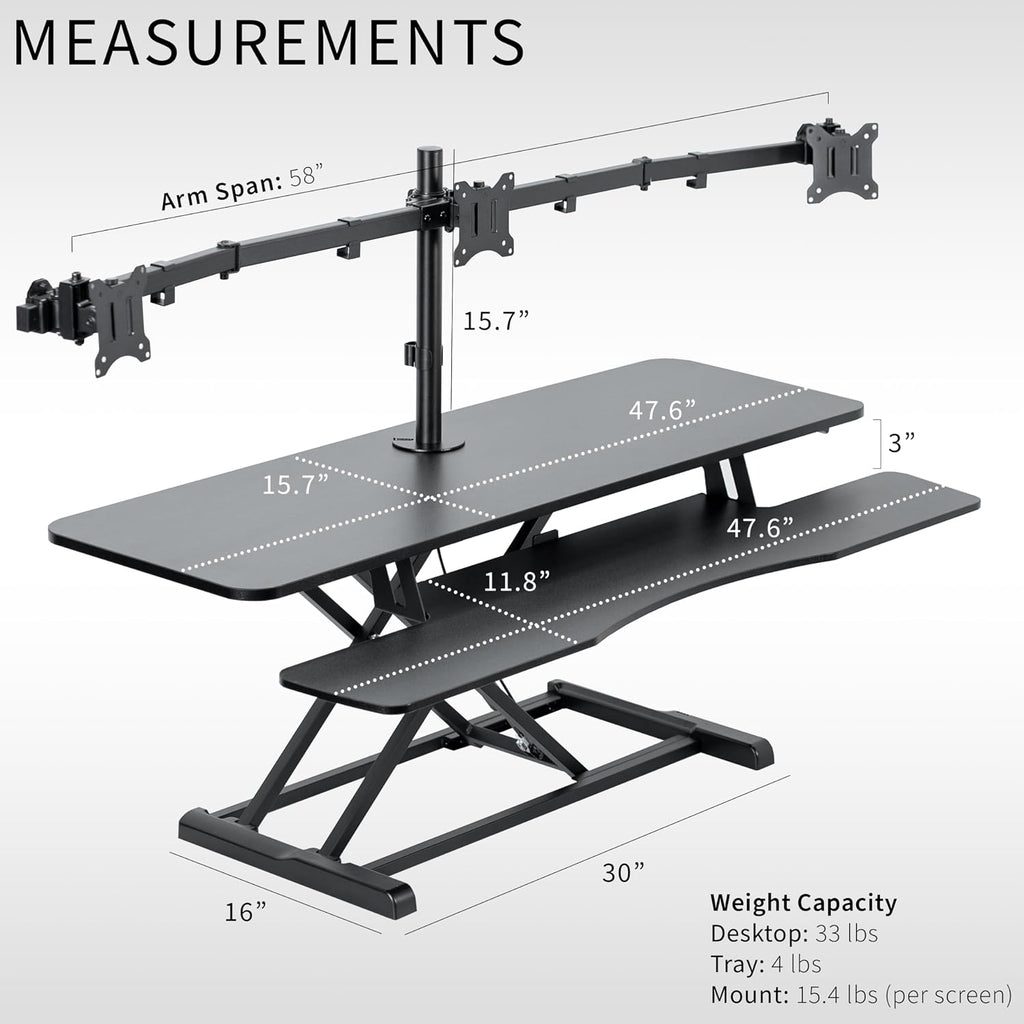 VIVO Height Adjustable 48 inch Standing Desk Converter with Triple 21.5 to 27 inch Monitor Mount, Extra Large Desk Riser, Black, DESK-KIT-48KB3C
