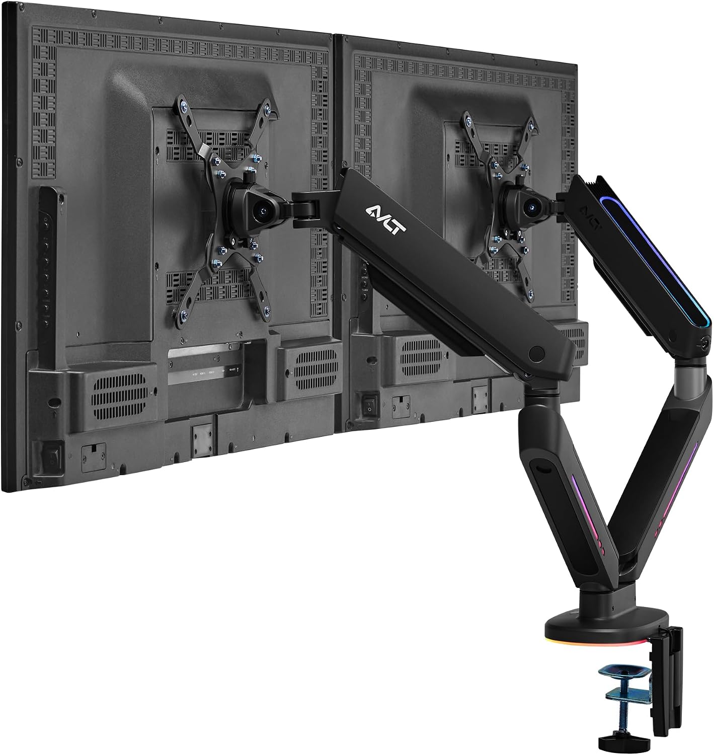AVLT Dual 27'-43' RGB Gaming Monitor Arm Desk Mount Built-in 20 Lighting Modes Touch Button Control Fits Flat/Curved/Ultrawide Screen Height Swivel Tilt Rotation Adjustable Stand -Black