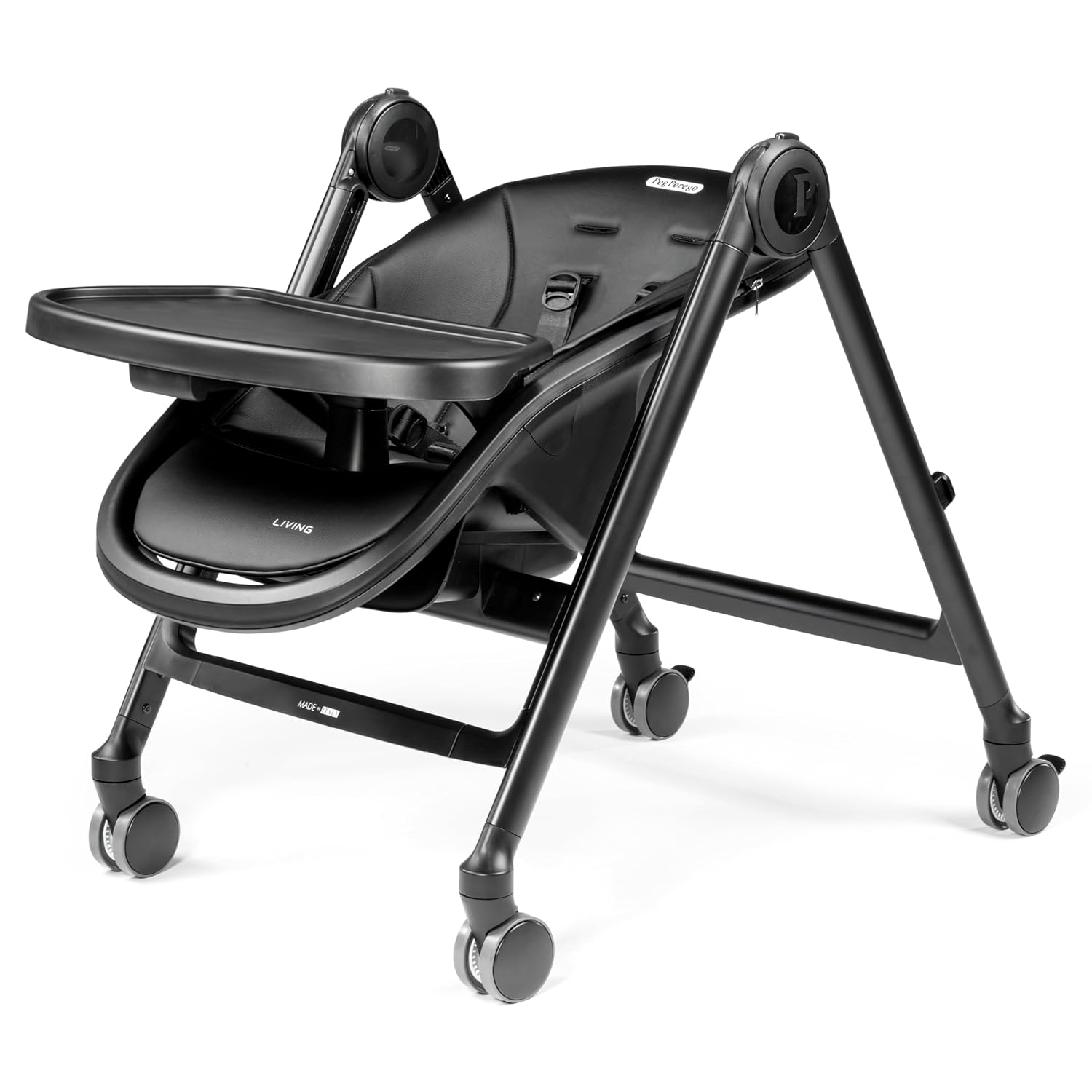 Peg Perego Living, Grow with Baby Folding High Chair & Recliner, Height Adjustable, Quick Clean & Easy Push Wheels for Babies & Toddlers, Made in Italy, True Black