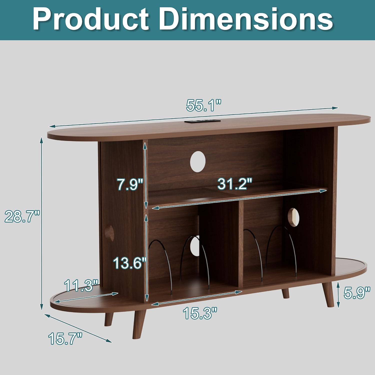 Large Record Player Stand with LED Lights, Vinyl Record Storage with Charging Station & USB Ports, Record Player Cabinet for Living Room(Natural, 55in) (Walnut, 55in)