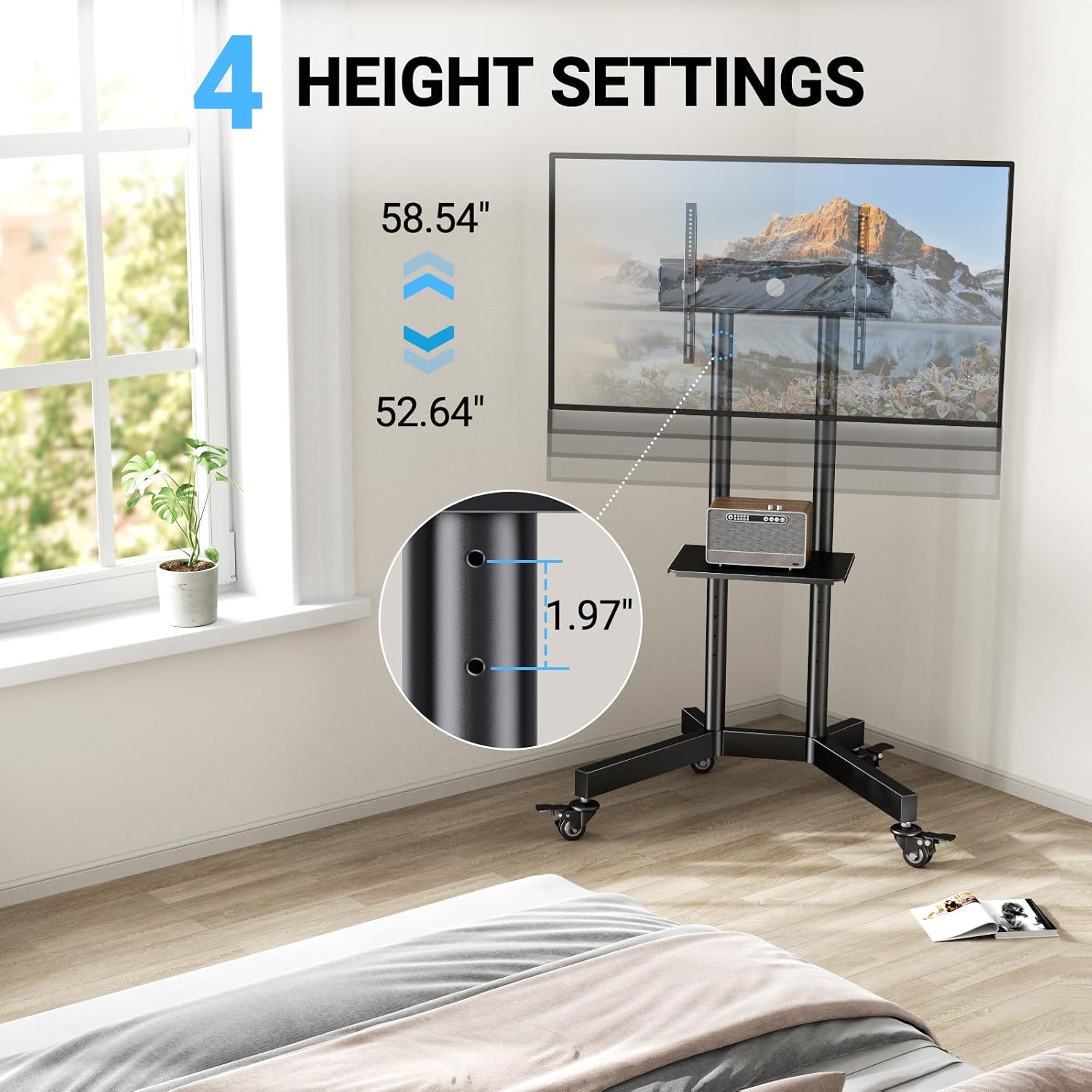 PERLESMITH Rolling TV Stand with Lockable Wheels for 32-86 Inch TVs Holds up to 132 Lbs, Height Adjustable Mobile TV Stand on Wheels with Laptop Shelf, Rolling Tv Cart Max VESA 600x400mm PSTVMC01
