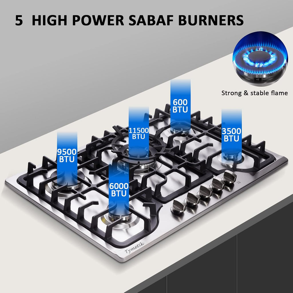 30 Inch Gas Cooktop, 5 High Efficiency Burners Gas Stovetop Built-in Stainless Steel Gas Stove Propane/Natural Gas Convertible Gas Hob