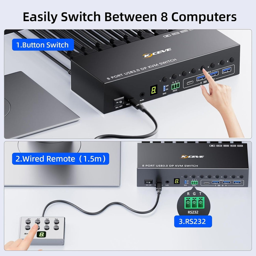 8 Port HDMI Displayport KVM Switch 2 Monitors 8 Computers 4K@60Hz EDID Simulation,8 PC Dual Monitor KVM Switch with 4 USB 3.0 Ports,Audio,RS232,with Wired Remote,12V Power Adapter and 8 USB Cable