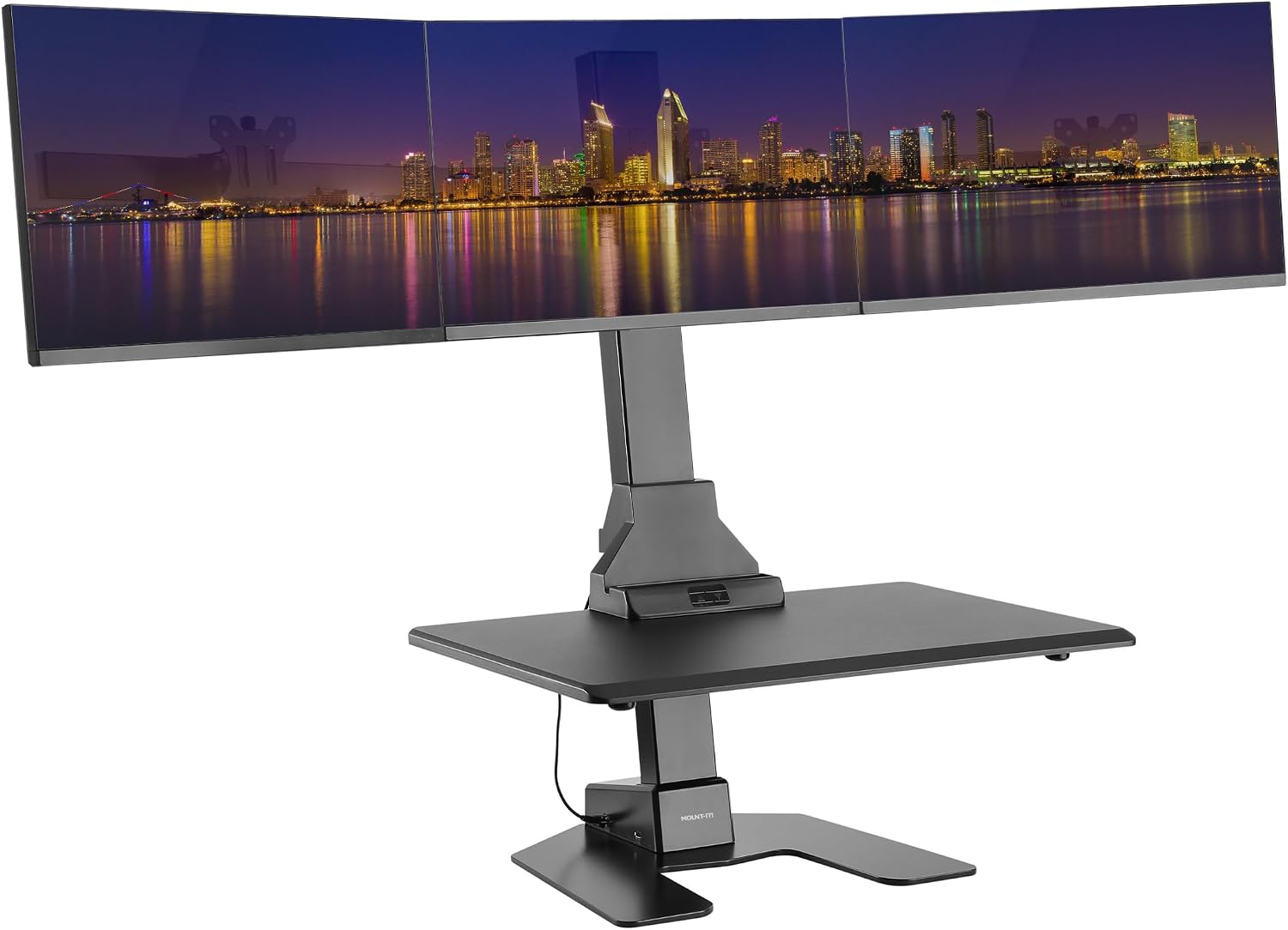 Mount-It! Triple Monitor Electric Standing Desk Converter - 3 Screens Stand Up Desk Riser - Height Adjustable Desktop & 3 Mounts for Screens up to 32', Sit-Stand Convertor for Home, Office, School