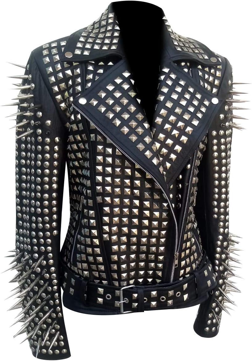 SKY-SELLER Women's Metal Spikes Brando Motorcycle Slim Fit Genuine Leather Coat - Biker Black Studded Leather Jacket