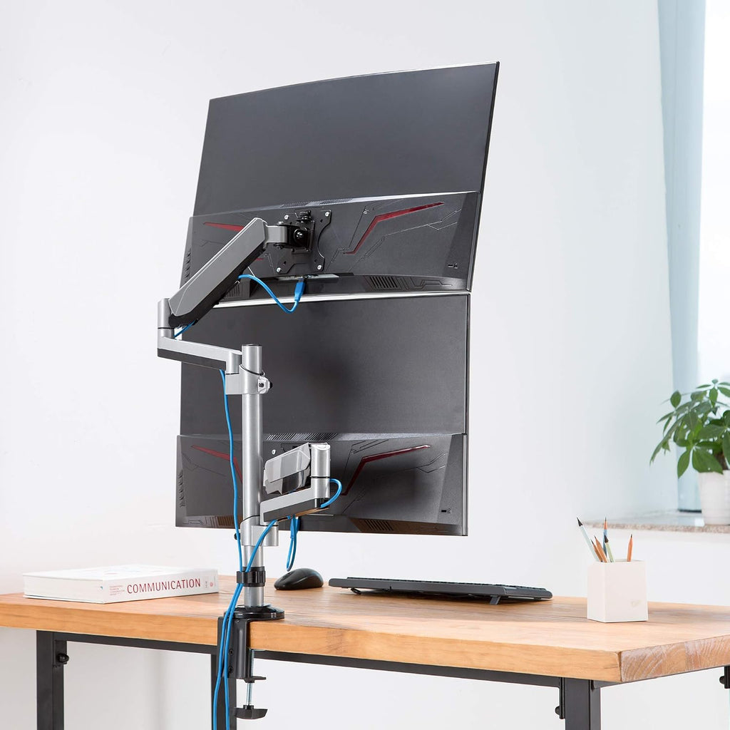 AVLT Dual 17'-32' Stacked Monitor Arm Desk Mount for 2 Flat or Curved Screens, Full Motion Height Adjustable with Swivel, Tilt, Rotation, Extra Tall, VESA, C-Clamp or Grommet Base