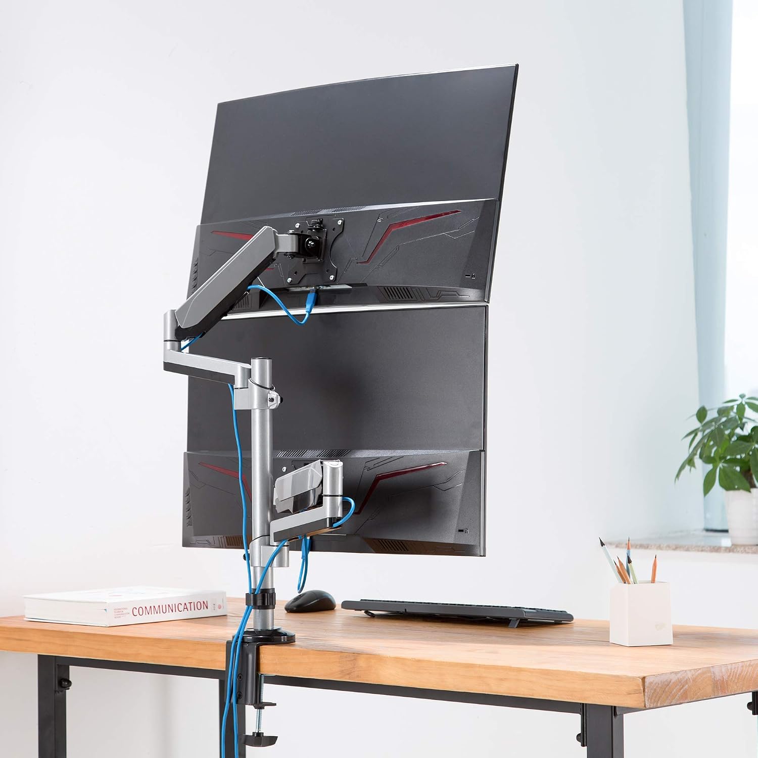 AVLT Dual 17'-32' Stacked Monitor Arm Desk Mount for 2 Flat or Curved Screens, Full Motion Height Adjustable with Swivel, Tilt, Rotation, Extra Tall, VESA, C-Clamp or Grommet Base