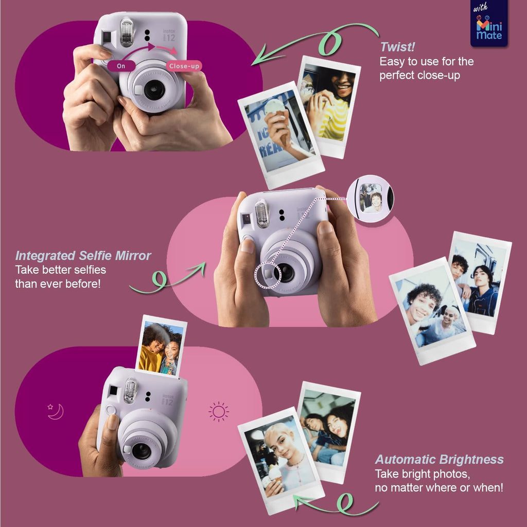 Fujifilm Instax Mini 12 Instant Camera + MiniMate Accessory Bundle & Compatible Custom Case + Fuji Instax Film Value Pack (50 Sheets) Flamingo Designer Photo Album (Clay White)
