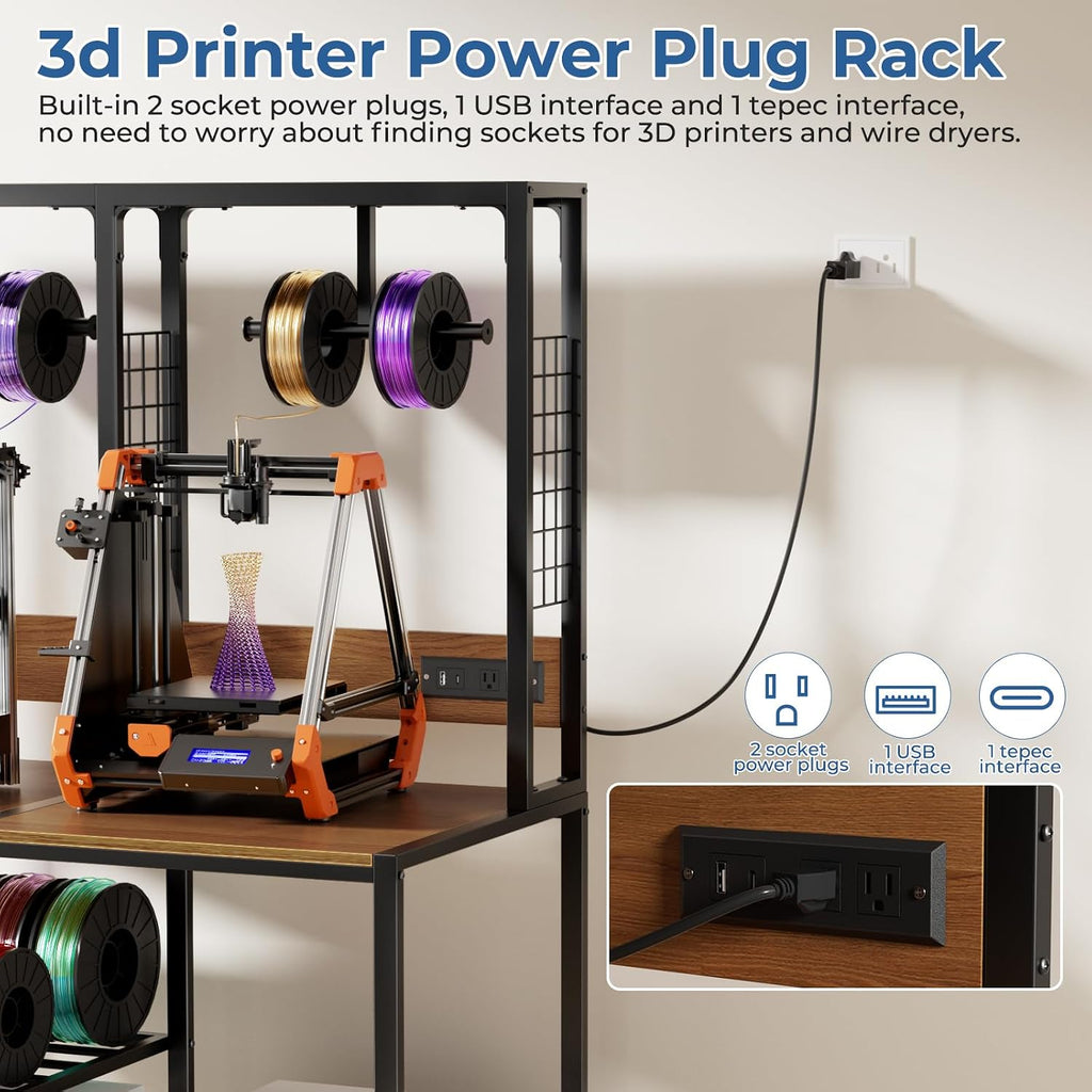Double 3D Printer Stand with Filament Storage, Heavy-Duty Metal Frame Dual 3D Printer Table Workbench, T-Type Filament Holder, Lockable Wheels, Mobile or Fixed Printer Rack for Home & Workshop