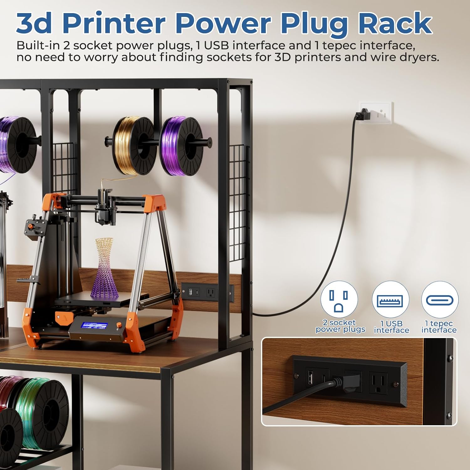 Double 3D Printer Stand with Filament Storage, Heavy-Duty Metal Frame Dual 3D Printer Table Workbench, T-Type Filament Holder, Lockable Wheels, Mobile or Fixed Printer Rack for Home & Workshop