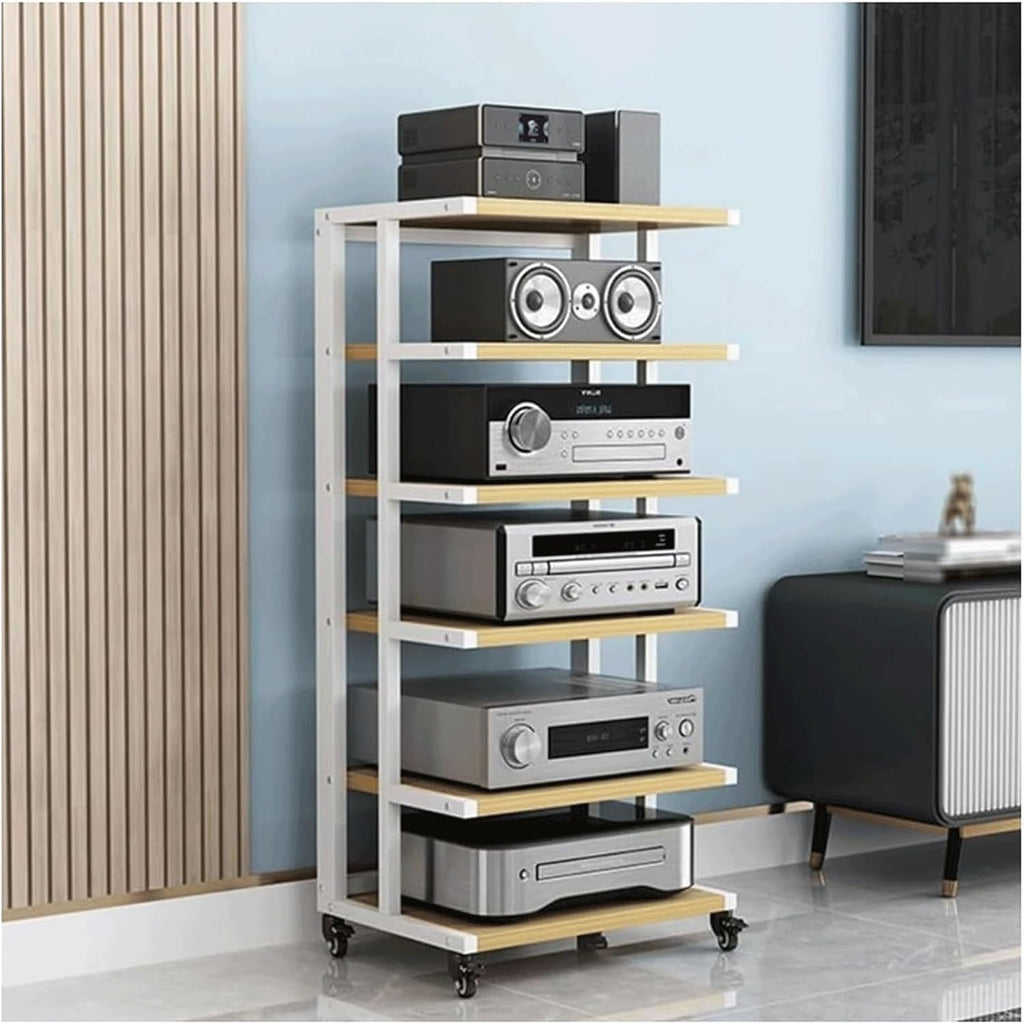 Audio Rack Wooden Stereo Rack Audio Equipment Rack Audio Open Rack Cabinet HiFi Rack with Wheels Audio-Video Shelving Movable Strong(Natural,6 Tier)
