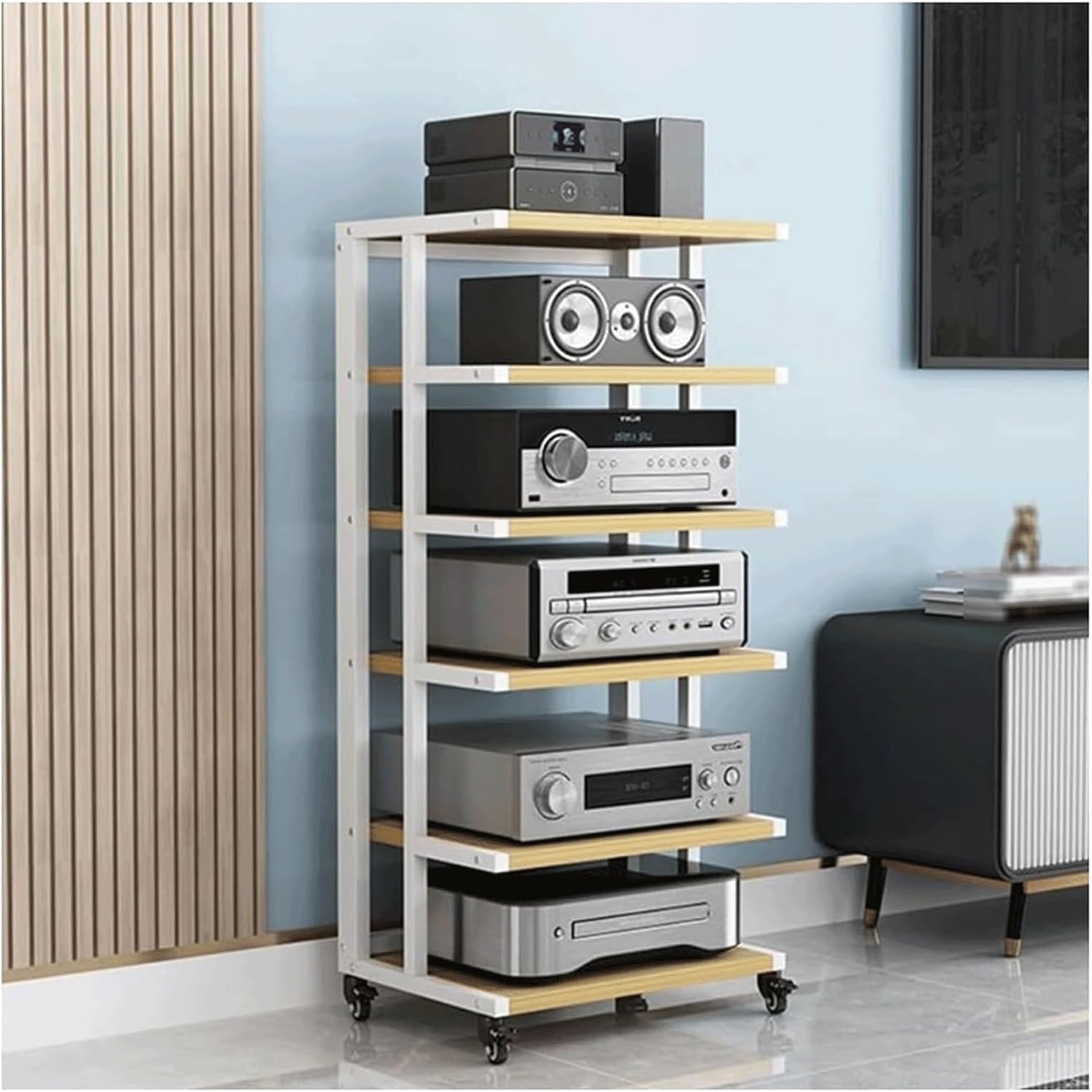 Audio Rack Wooden Stereo Rack Audio Equipment Rack Audio Open Rack Cabinet HiFi Rack with Wheels Audio-Video Shelving Movable Strong(Natural,6 Tier)