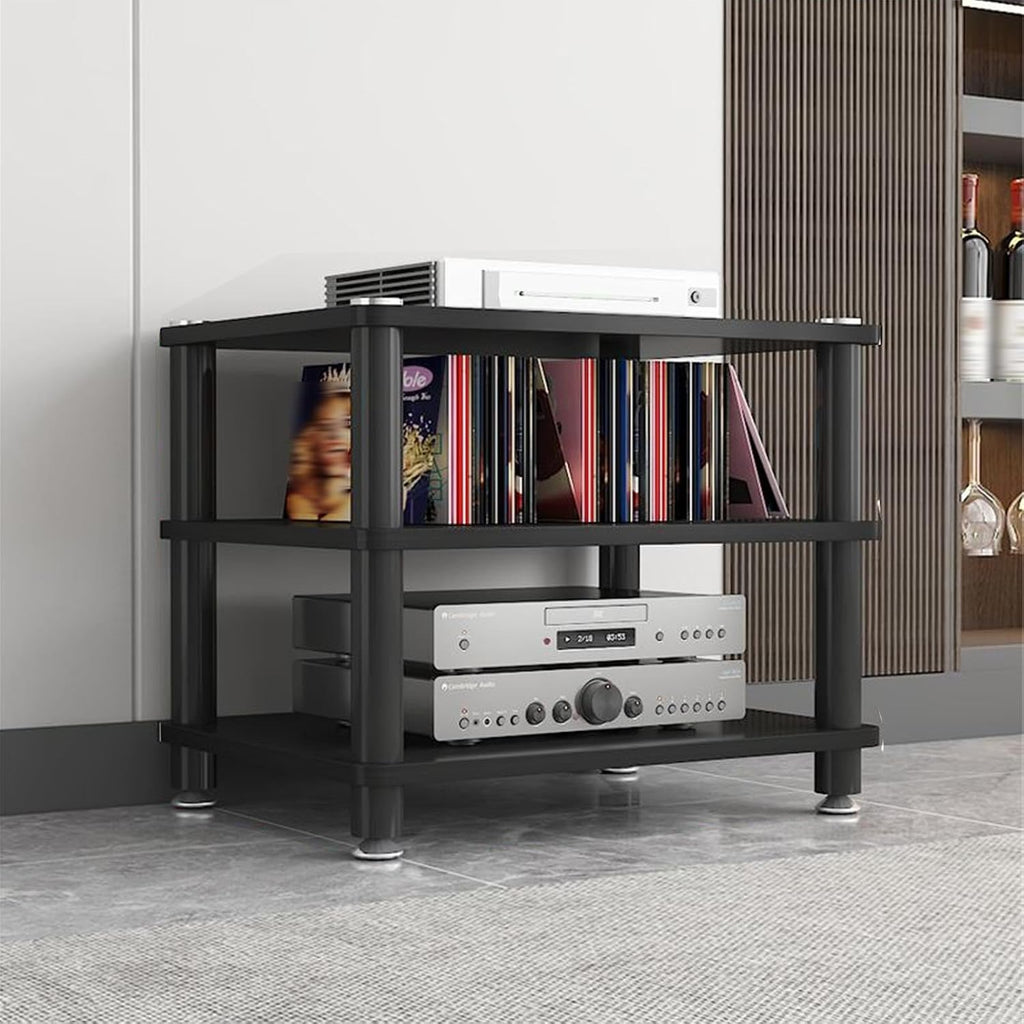 AV Media Stand 1/2/3/4 Tier Record Player DVD CD Audio Rack Tower Holder, Adjustable Media Storage Cabinet, Entertainment Stereo Racks Equipment Console Shelf,Black,3 Tier