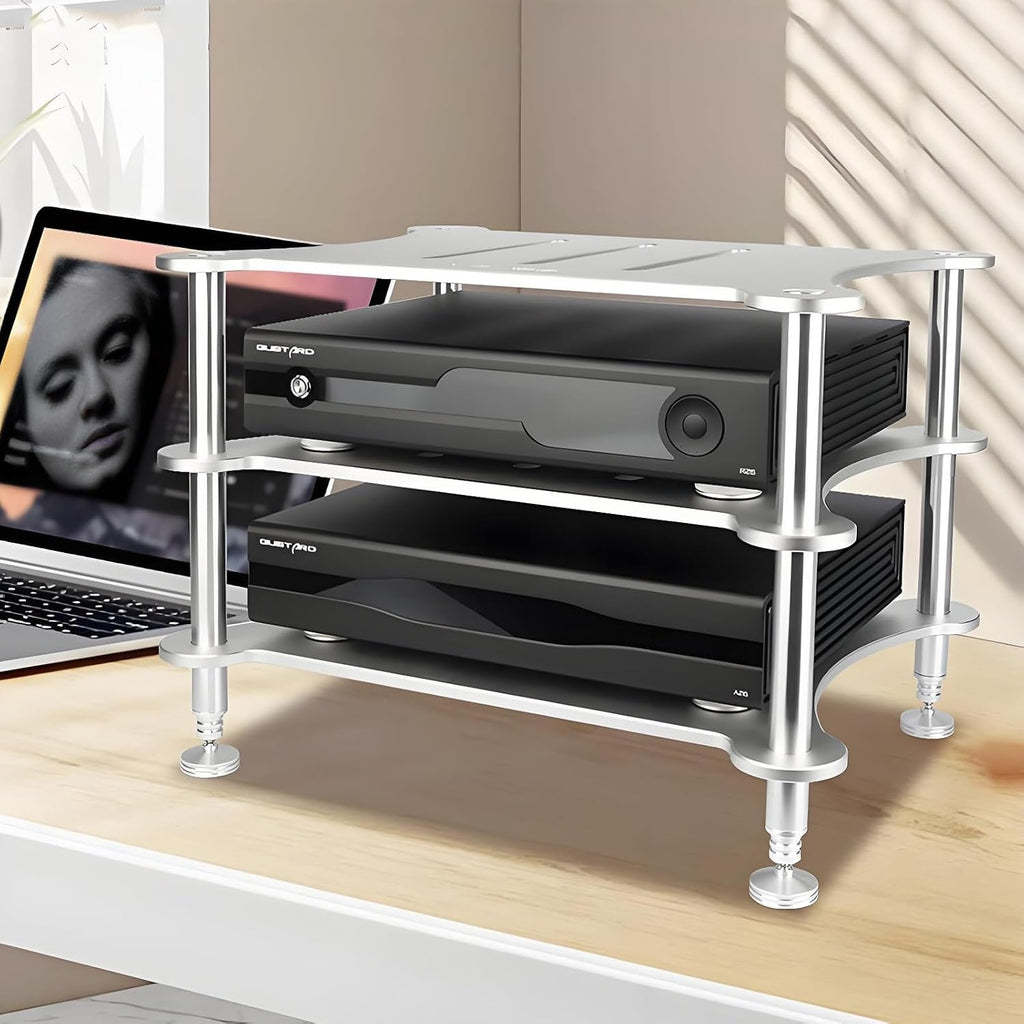 Mini HiFi Media Stand, Aluminum Audio Rack, Open Storage Shelf, Small Media Storage Cabinet for HiFi Audio Equipment DAC Amplifier Amp
