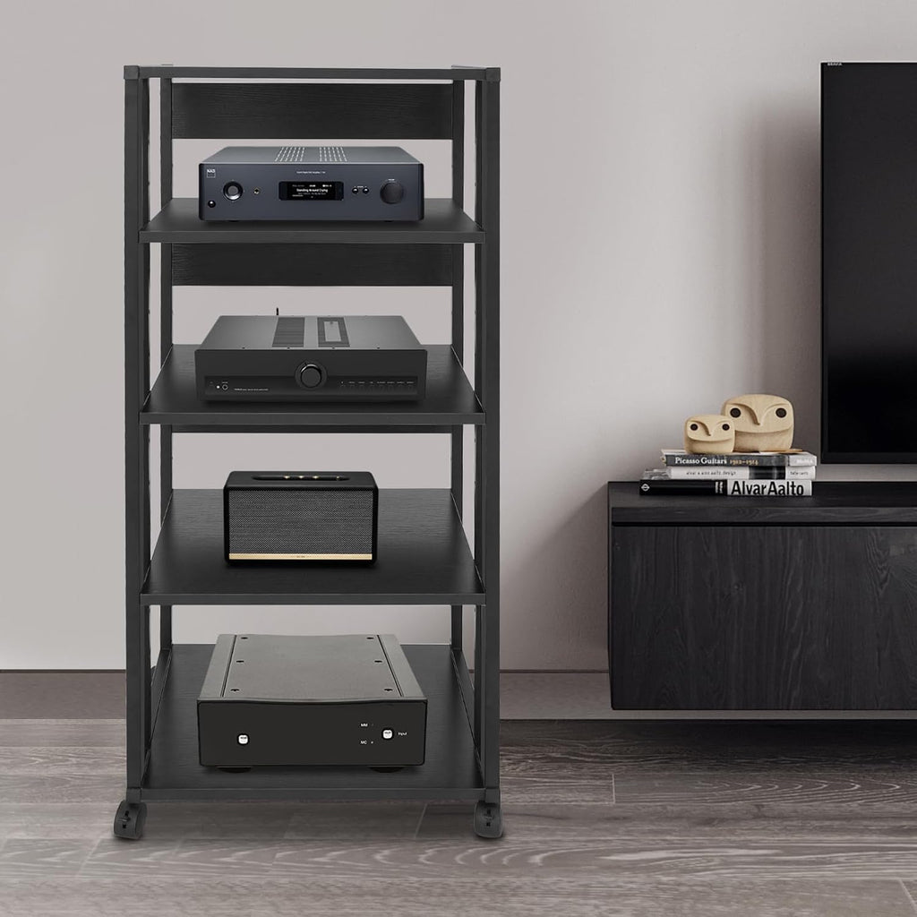 5-Tier Audio-Video Media Stand with Adjustable Shelves, Home AV Media Stand Rack with 4 Lockable Wheels, Freestanding Media Stand for Holding Amplifiers, Books (Black)