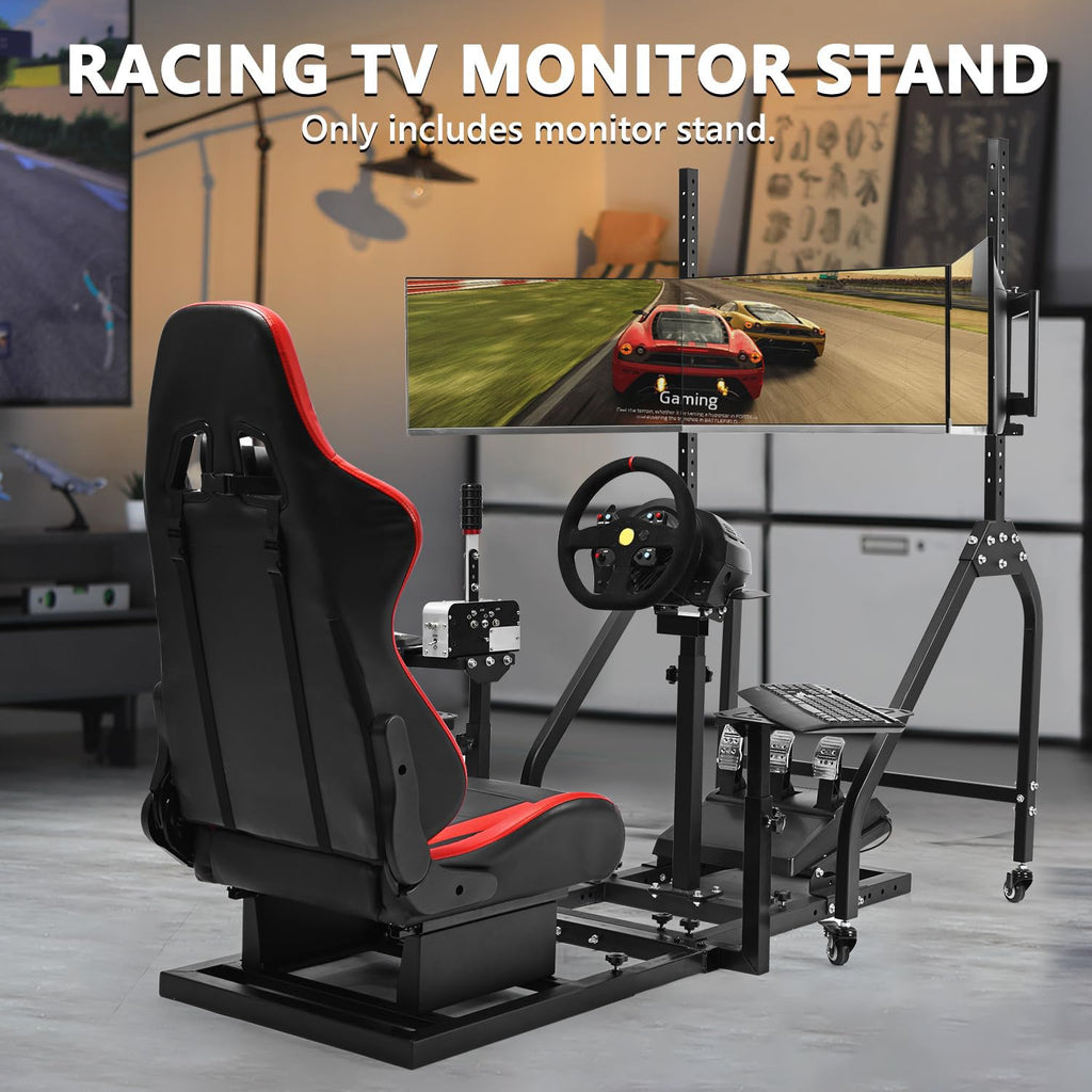 Marada Sim Racing Triple Monitor Stand with Wheels Compatible with 27/32-inch Displays Height and Tilt Adjustable, A-Frame Base for Flight & Driving Simulator Cockpit Rig