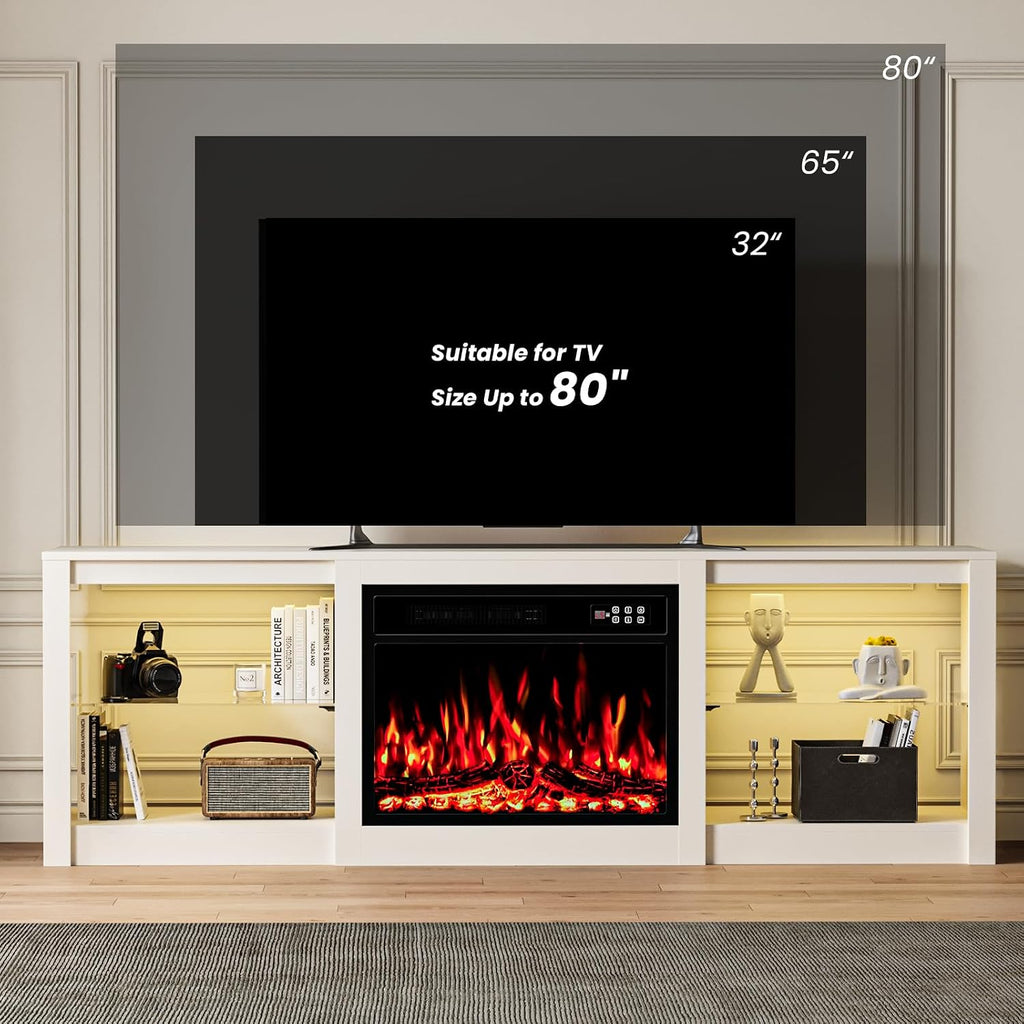 EAG 70 Inche Fireplace TV Stand for TVs up to 80 Inches with 23' Electric Fireplace, Modern Entertainment Center with Glass Shelves, LED Lights, Media TV Console for Living Room, White