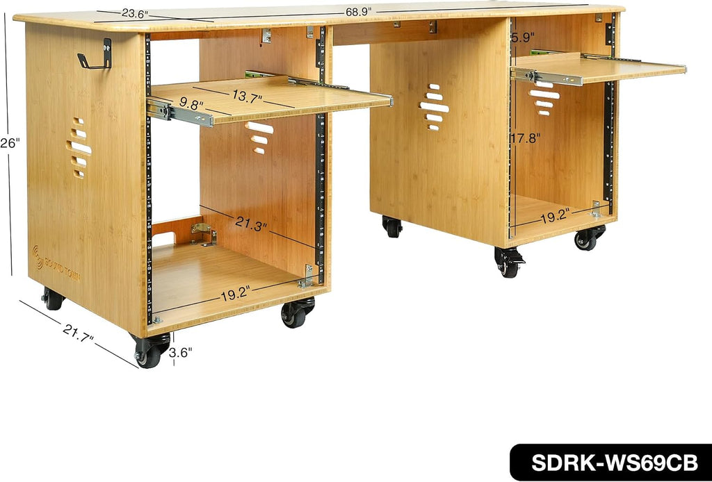Sound Town Studio Desk Workstation with Dual 13U Side Rack Cabinets, Slide-Out Trays, Casters, for Recording Rooms and Home, Solid Carbonized Bamboo (SDRK-WS69CB)