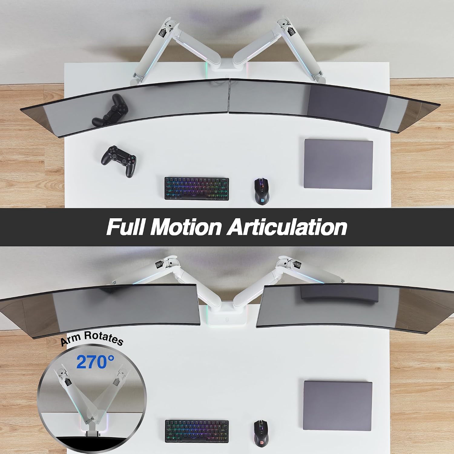 AVLT RGB Lights Dual 17'-43' Gaming Monitor Arm Desk Mount, Fits Two Flat/Curved/Ultrawide Screen up to 44lbs(20kg), Height Swivel Tilt Adjustable Stand – White