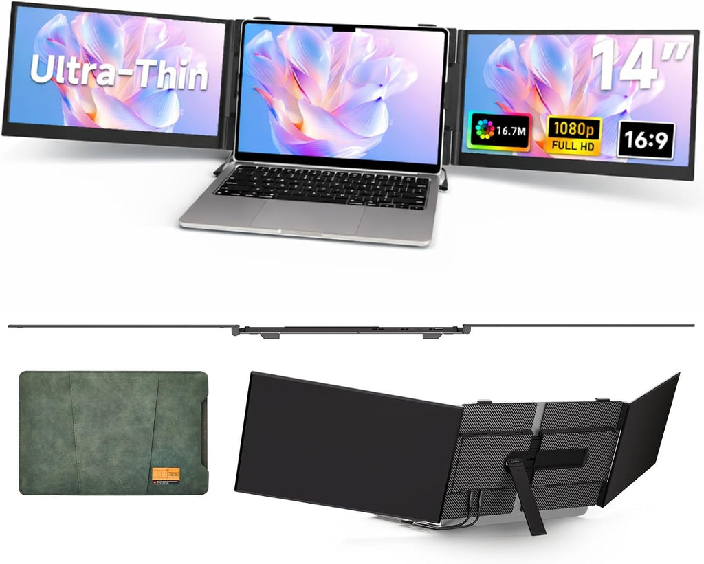 Triple Laptop Screen Extender, 2.2lb 14' FHD Ultra-Light Multiple Laptop Monitor Extender, Ultra-Thin Portable Monitors Attachable for 13.3-17' Laptops, Triple Screen Extender for Windows/Mac/Chrome