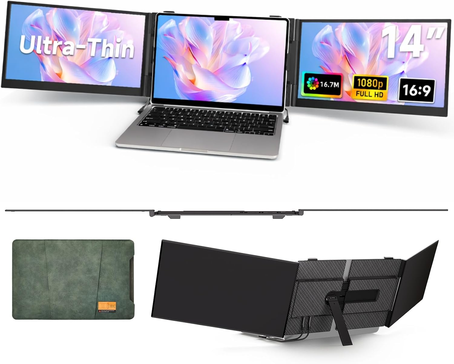 Triple Laptop Screen Extender, 2.2lb 14' FHD Ultra-Light Multiple Laptop Monitor Extender, Ultra-Thin Portable Monitors Attachable for 13.3-17' Laptops, Triple Screen Extender for Windows/Mac/Chrome