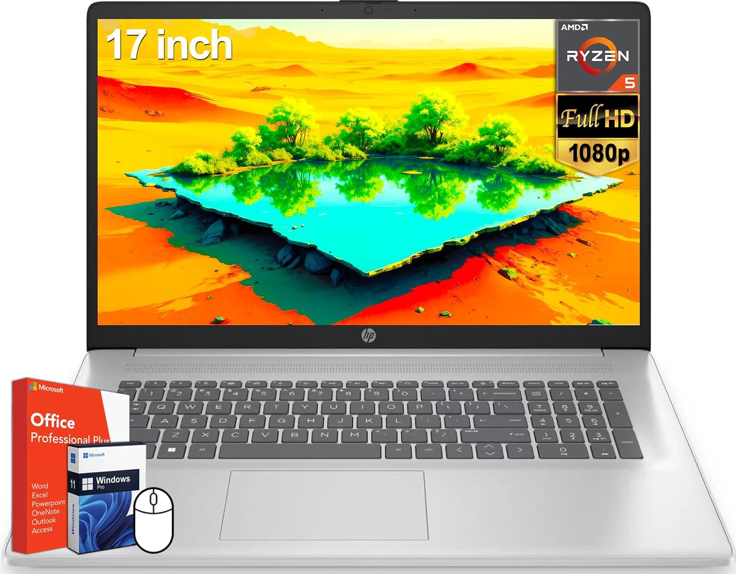 HP 17 inch Laptop, Microsoft Office 2024 Lifetime License & Windows 11 Pro, AMD Ryzen 5 7430U Processor, 64 GB RAM, 2 TB SSD, 17.3' FHD Display, AMD Radeon Graphics, Long Battery Life, Anti-Glare