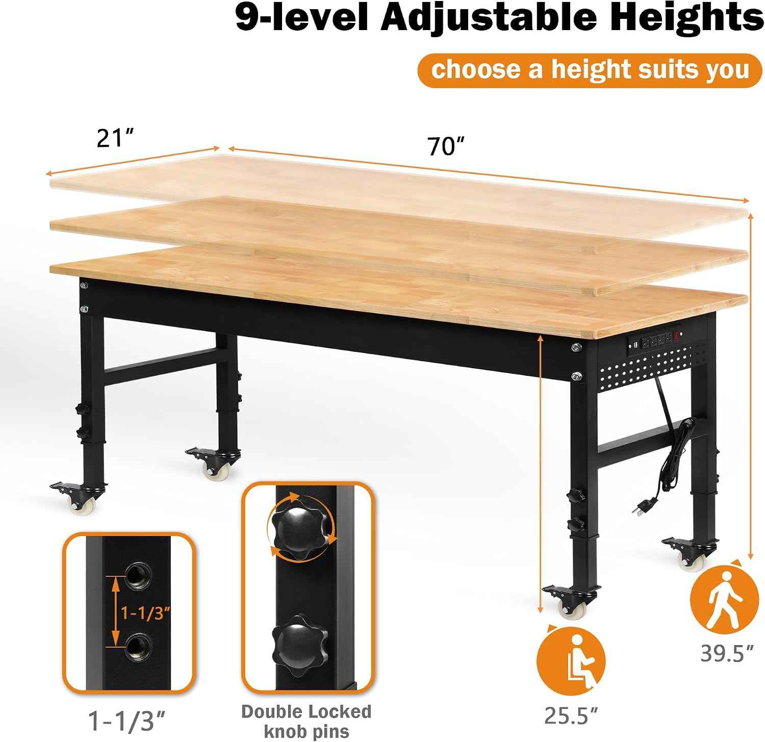 Betterhood 70' Adjustable Workbench on Wheels, 2000 LBS Heavy Duty Work Table with Power Outlets & Pegboard, Rubber Wood Workstation for Garage, Workshop, Office, Home, Commercial