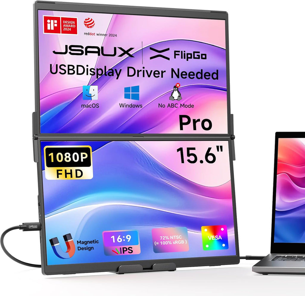 JSAUX FlipGo Pro 15.6' Dual Portable Monitors, 1080P FHD IPS Dual Screen Monitor, Triple Screen Laptop Monitor Extender for Wins/macOS (Driver Required) with Magnetic Design/Plug & Play/Built-in Hub