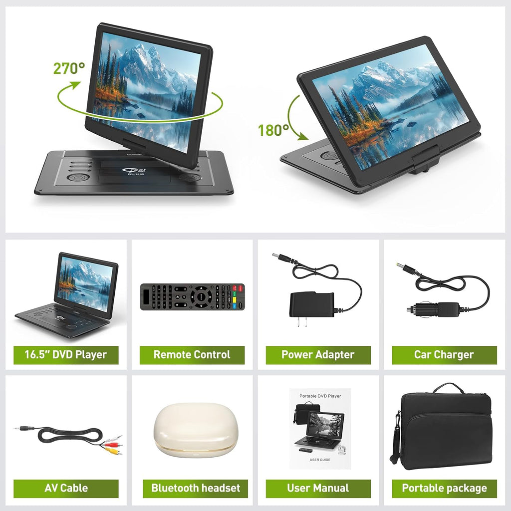 18' Portable DVD Player with Bluetooth Headset,15.6' HD Swivel Screen with Extra Carrying Bag,Support AV-in/Out and Multiple Disc Formats,High Volume Speaker,Black,[Not Support Blu-Ray]