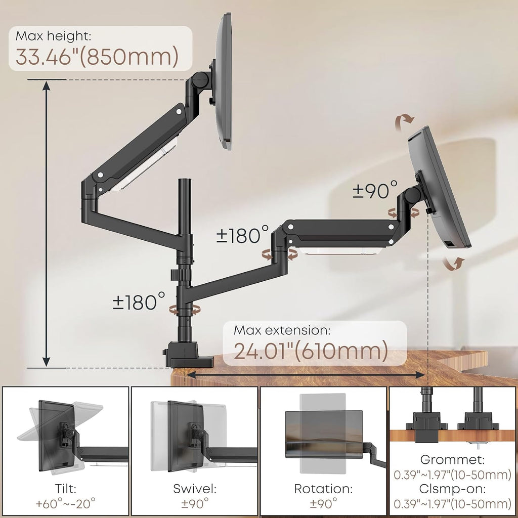 24-57 inch Dual Vertical Monitor Mount, Heavy Duty Monitor Arm for 2 Monitors, up to 59.4 lbs, Extra Tall/Wide Adjustable, Premium Aluminum Dual Monitor Desk Mount, VESA 75x75-200x200 mm
