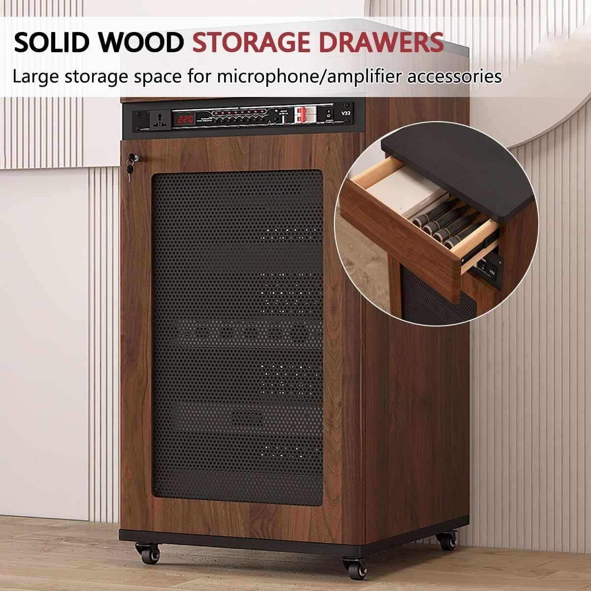 Media Stand Corner Shelf, Solid Wood AV Media Storage Cabinet with Wheels, Floor-Standing Audio Rack with Drawer, 4 Tiers for Stereo Equipment